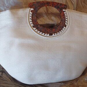 Vtg Salvatore Ferragamo Extra Large Ivory Raffia Bag with Tortoiseshell Handles